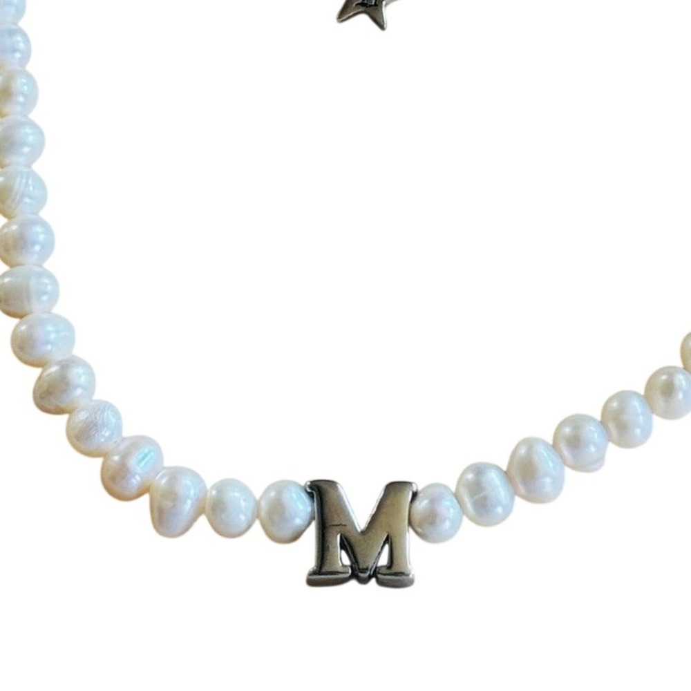 Dalmata‎ Initial letter "M" Pearl Necklace Stainless Steel beads choker Silver